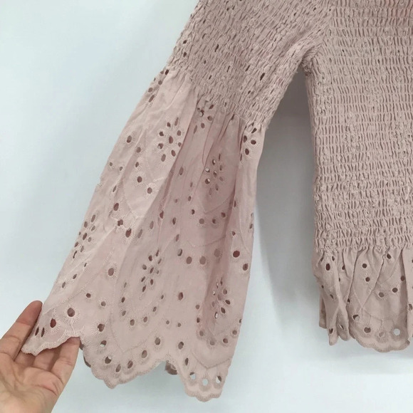 Express Women’s Smocked Eyelet Bell Sleeve Cropped Blouse Spring NWT Size M - Picture 7 of 8
